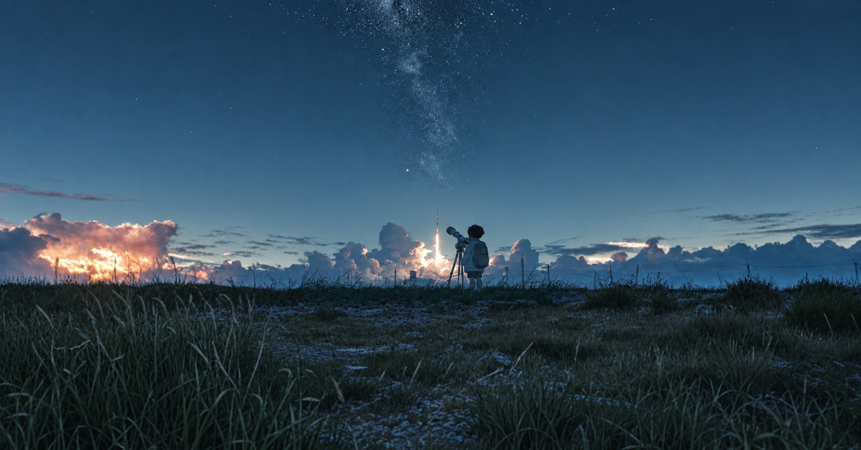 星空の下で望遠鏡をのぞく人物